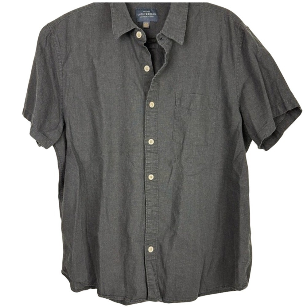 Lucky Brand Mens Short‎ Sleeve Linen Blend Button Down Shirt Gray Large